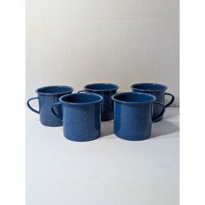 5 Vintage Blue White Speckled Enamel Metal Coffee Mugs Camping Cups